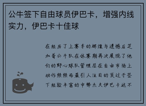 公牛签下自由球员伊巴卡，增强内线实力，伊巴卡十佳球