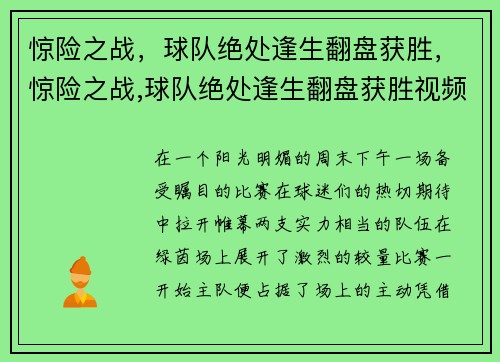 惊险之战，球队绝处逢生翻盘获胜，惊险之战,球队绝处逢生翻盘获胜视频